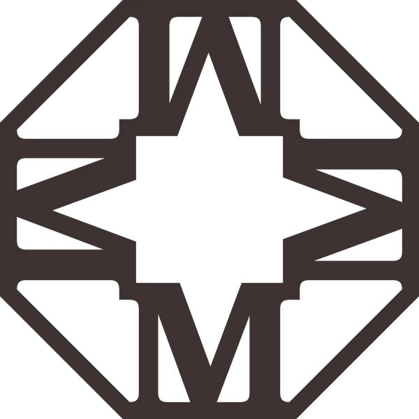 Dark gray geometric logo featuring a central starburst shape surrounded by intersecting angular lines.